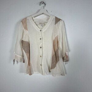 Marilu Womens Button-Front Linen Blend Top Medium Metallic Sleeve Detail Beige
